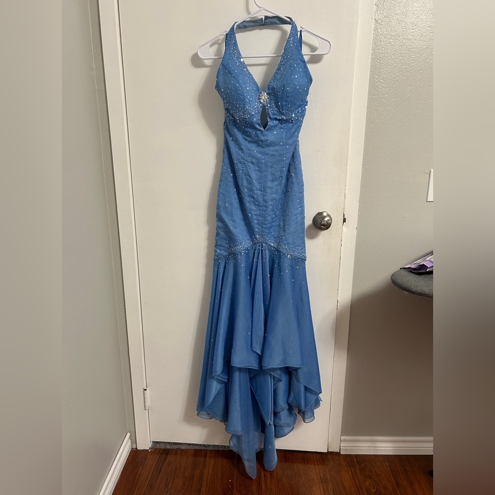 Blue halter neckline vintage 90’s beaded fishtail prom dress